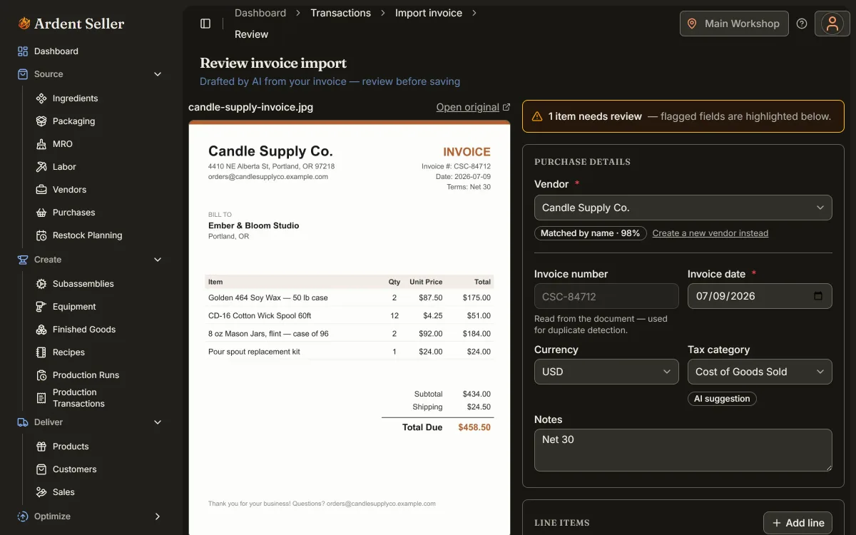 AI invoice review screen matching extracted line items to inventory in Ardent Seller